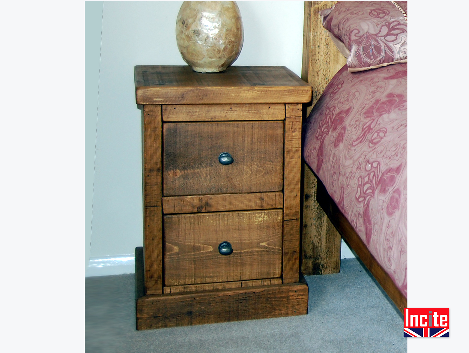 2 drawer pine bedside table